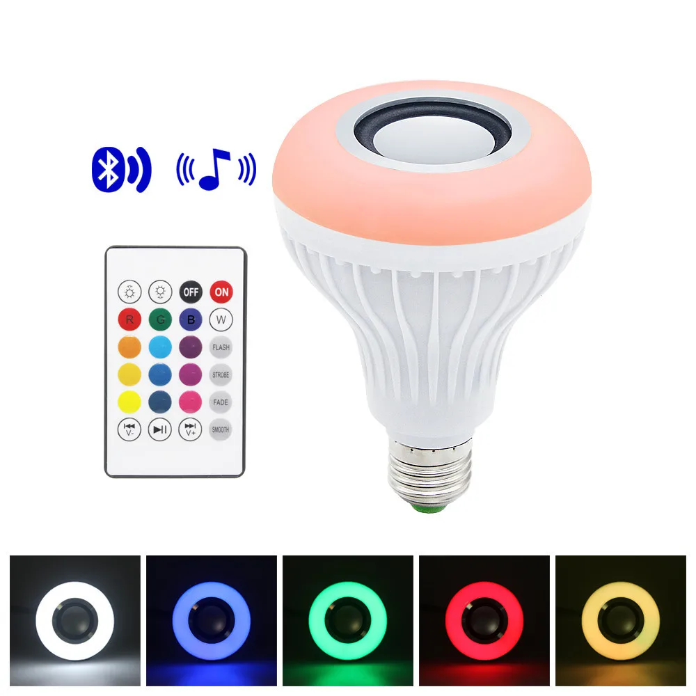 

Smart Music RGB E27 Led Light Bulb with 24Keys Remote Control, Wireless Bluetooth Speaker Bulbs 12W Base Dimmable Lamp