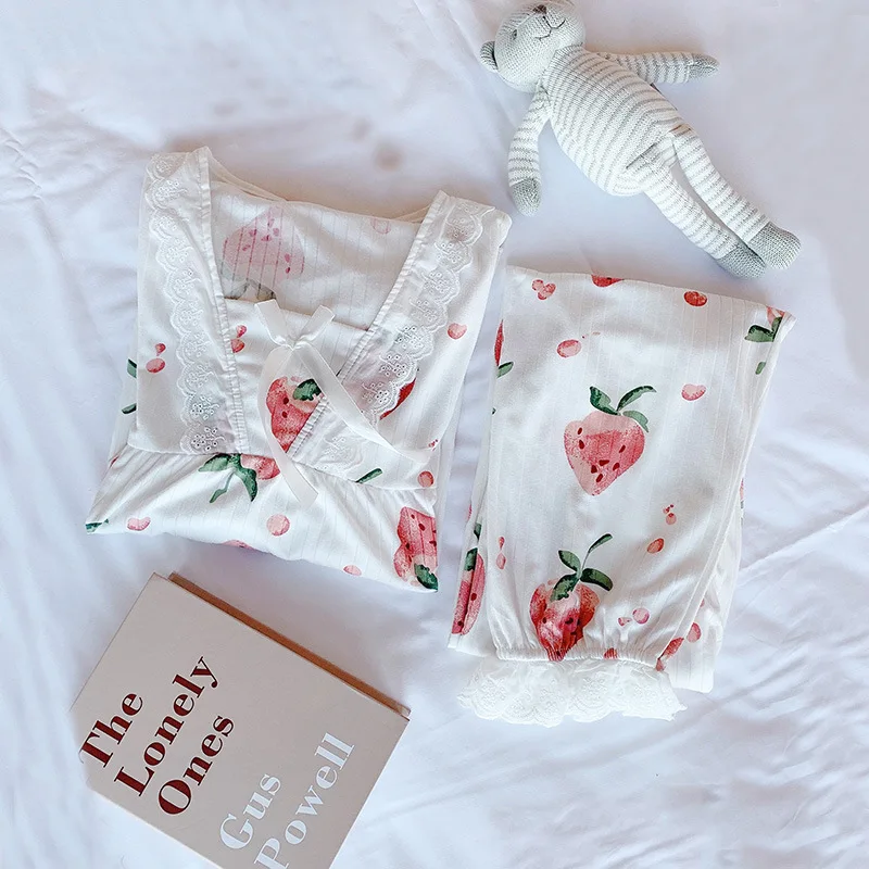 Sanderala Sexy Women Strawberry Pajama Sets V Neck Women Elegant Gown Home Pajamas Cute Bathwear Autumn Clothes Women