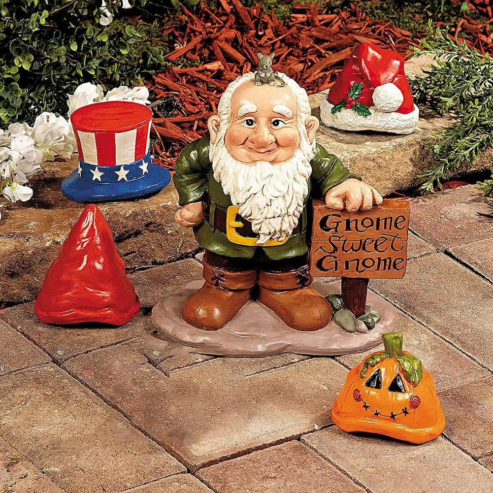 Statue de Gnomes en résine avec chapeau remplaçable, Figurine drôle et mignonne, décoration d’intérieur, de jardin — vu