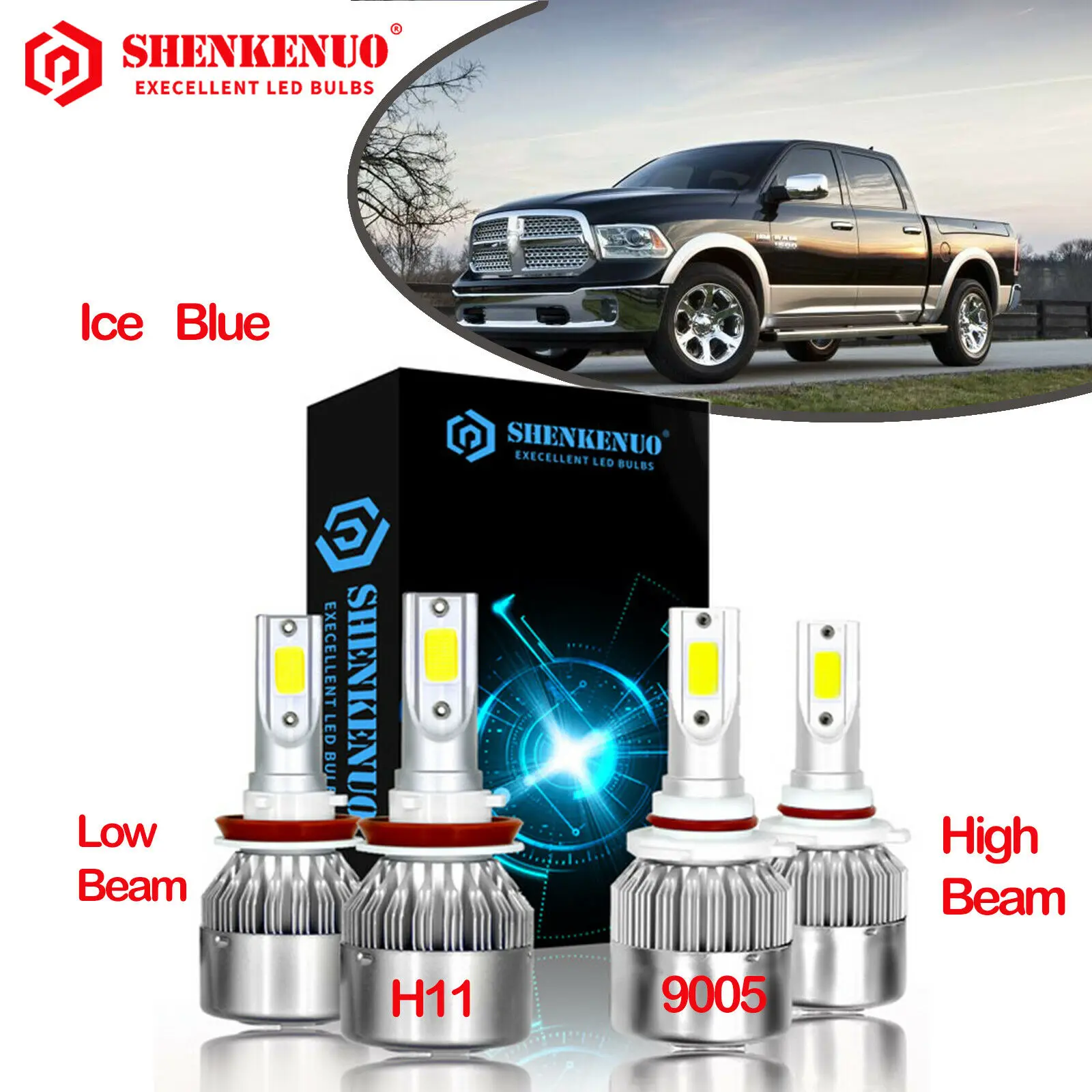 4pc Combo H8/H9/H11 9005 Ice Blue LED Headlight Bulb 8000K 32kLM Hi/Lo Beam | Автомобили и мотоциклы