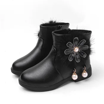 

Children's Winter Boots For Girls Medium Big Kids Floral Boots Rhinestone With Pendant Hairy Fur Warm Cotton Zipper 26-36 Sweet