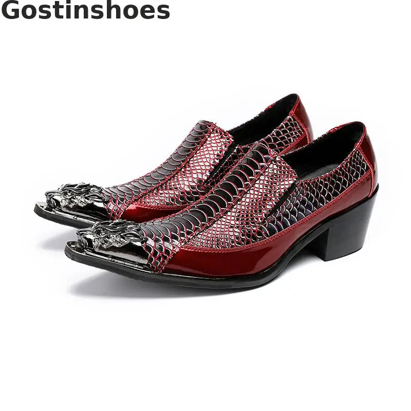 

Fashion Wine Red Men Leather Shoes Genuine Leather Wine Red Snakeskin Pattern Printed Men Oxfords Metal Capped Toe Casual Shoes