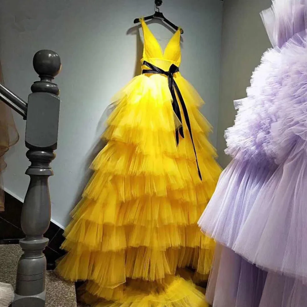 

Chic Yellow Ruffles Tiered Tulle Evening Dresses 2020 Lush Gonna Prom Gowns Plus Size Lace Up Back Party Dress Robe De Soiree