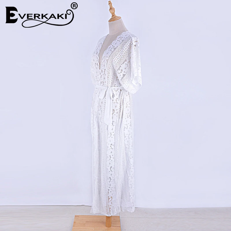 Everkaki Boho кружево вышивка макси платья женские прозрачные пояса Твердые белые элегантные женское длинное платье женские Осень новинка