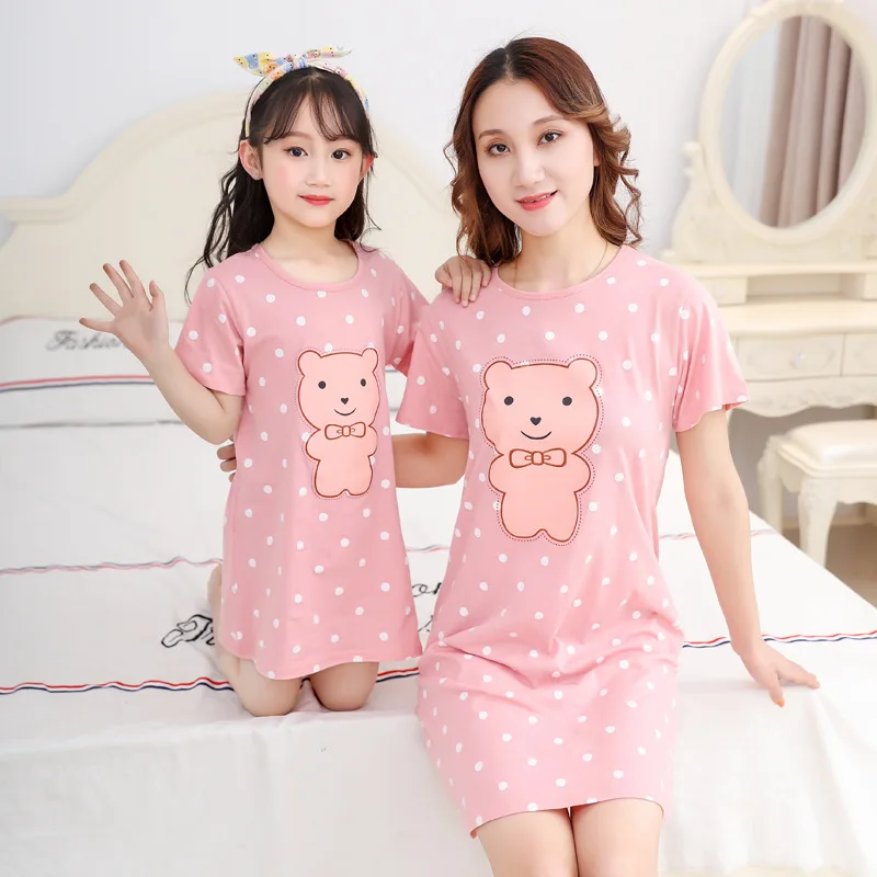 Matching Pajamas Outfit Daughter-Dresses Summer Sleepwear Girl Cartoon Cotton Short