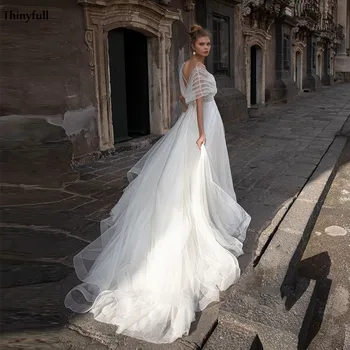 

Thinyfull 2021 Wedding Dresses Boho Off The Shoudler Appliques Sequin Lace Beach Bride Dress For Wedding Vestido De Novia