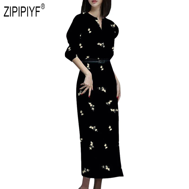 

Euro Style Fashion Women Dresses V Neck Long Sleeve Mid Waist Long Floral Dresses Bodycon Pencil Office Lady Autumn Dress Z2260
