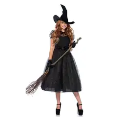 Женские черные нечестивые ведьмы косплей костюм сексуальный пояс талия миди длинное платье с шляпой перчатки Хэллоуин маскарадные