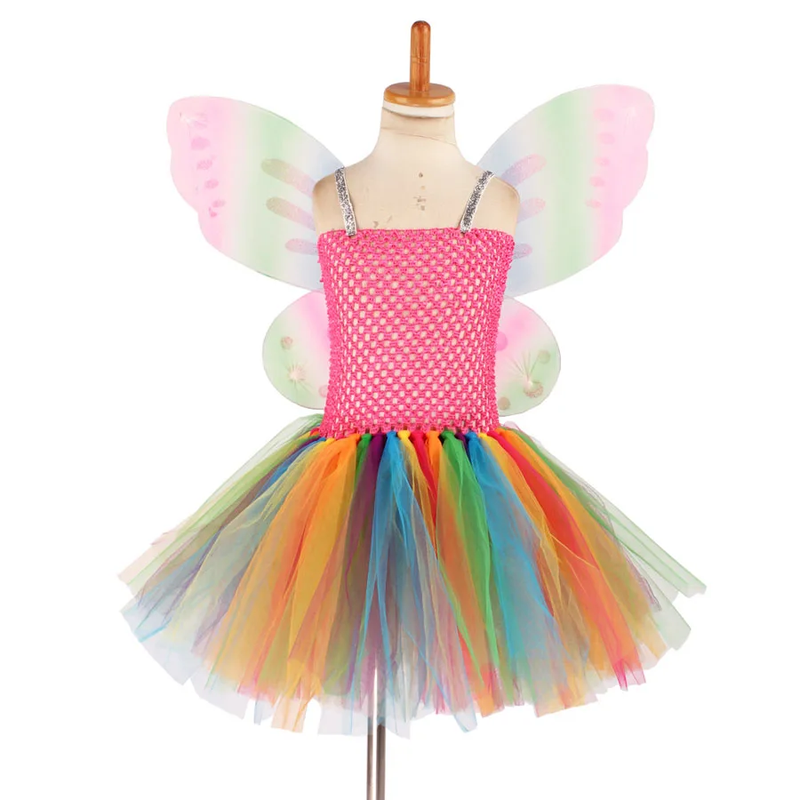 Candy Fairy Costumes Princess Girls Rainbow Tutu Dress Wing Set Kids Pixie Cosplay Halloween Dress Clothing Performing Dresses (2)