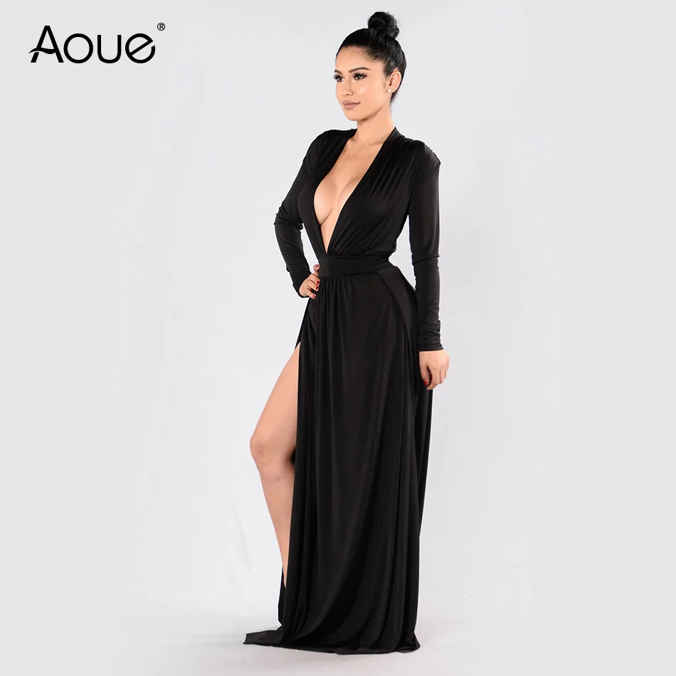

Aoue Evening Prom Dress long Maxi-length Spree Dress in black features a deep V neckline slightly padded shoulders long sleeves