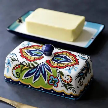 

1pc Food Container Butter Plate With Lid Household Tableware Storage Boxes Creative Floral Pattern Ceramic Butter Box With Lid