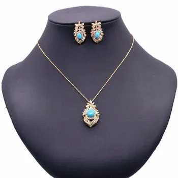 

Fashion Jewelry Gold Color Blue Stone Black Zircon Necklace Stud Earrings Wedding Party African Jewelry Set for Women