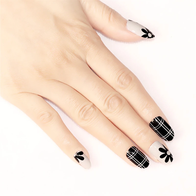 Nusx New 24 pieces False Nail Tips Black White Cross Flower Pattern Girl 3D DIY Plastic 5
