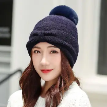

Winter Warm Hat Female Thick Woolen Knit Beanei With Bow Solid Color Trendy Big Knit Ball Ladies Hats Protect Ear Caps