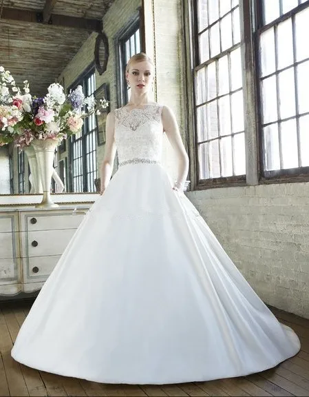 

Revel high fashion re-embroidered schiffli lace satin ball gown bateau V-back beaded sash side pockets wedding dress bridal gown
