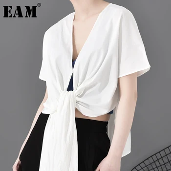 

[EAM] Women Whitr Knot Irregular Big Size Blouse New V-collar Long Sleeve Loose Fit Shirt Fashion Spring Summer 2020 WG86100