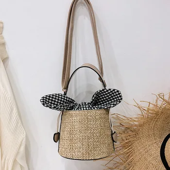 

Summer Straw Bucket Bag Southeast Asian Women's Bag Lovely Woven Beach Bag Cute Bow Girl Shoulder Crossbody Bag Khaki