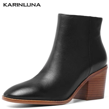 

Karinluna 2019 Plus Size 43 High Quality Genuine Leather Lady Woman Shoes Boots Women Chunky High Heeled Ankle Boots Female Shoe