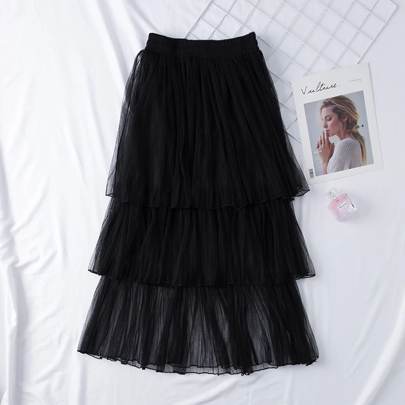 High Waist Multi-layer Cake Skirt Women Ankle-length Sweet Pleated Skirts Ladies solid Color Elegant Fashion Islamic Cothing