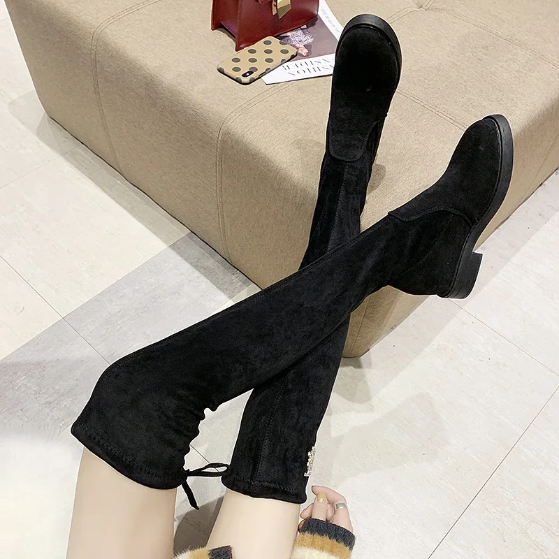 

Thigh Boot Women's 2019 Winter New Style TB Lettered Warm Western Style over-the-Knee Boots Stretch Boots Chunky Heel Boots Chil