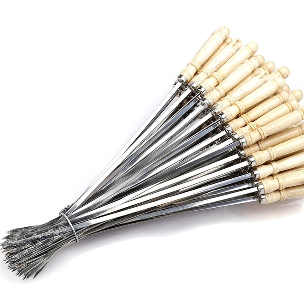 40cm Stainless Steel BBQ Skewer Wooden Handle BBQ Needle Reusable Barbecue Meat String Grill Fork Outdoor Cooking Tooll 3