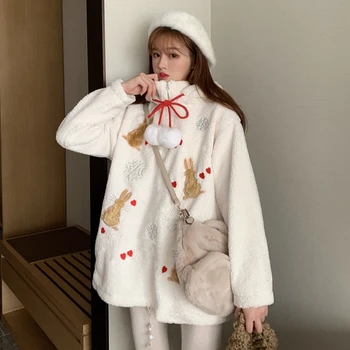 

Autumn Winter Women Loose Cute Christmas Hooded Hoodie Sweatshirt Girls Thicken Medium and long section Lamb Hair Coat Korean