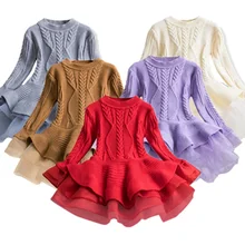 Зимнее рождественское платье для девочек; вязаная шифоновая детская одежда для девочек; платья для свадебной вечеринки; Детские платья с длинными рукавами для девочек; плотный костюм