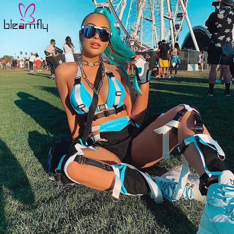 

Sexy Two Piece Set Summer 2pcs Short Set Halter Backless Crop Top Biker Shorts Matching Sets Festival Clothing Female Outfits