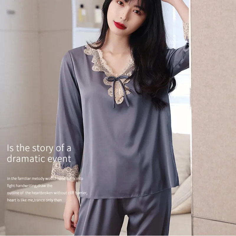 Lace Pj's 2PCS Sleepwear Women Satin Pajamas Suit Summer Pyjamas Casual Intimate Lingerie Long Sleeve Shirt&Pants Lounge Wear