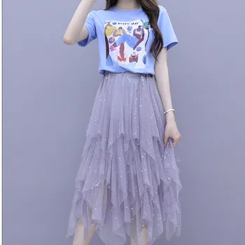 

High Quality 2020 Summer Fashion New Women Set Leisure T Shirts + Sequins Irregular Mesh Maxi Skirts Suit 2 Pieces Sets