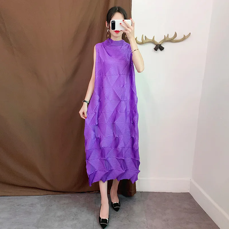 Плюс размер платье женское платье со стоячим воротником без рукавов сплошной цвет свободные бриллианты шаблон стрейч Miyake плиссированное платье миди