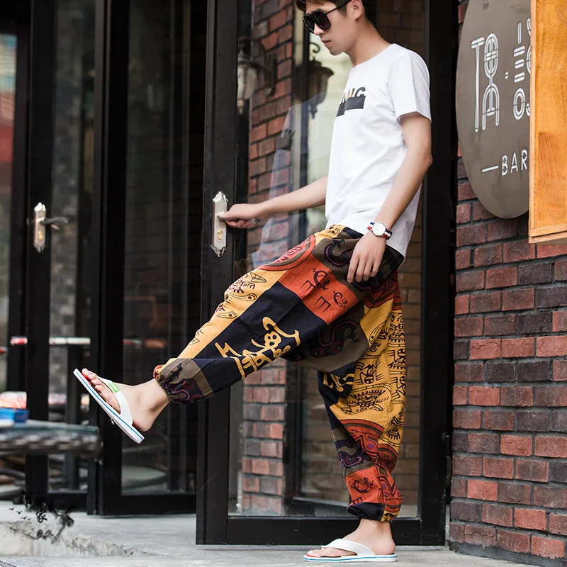 Sale Summer Casual Linen Shorts Men Print Trousers Male Vintage Hip Hop Fashion Flowers Print Straight Short Beach Mens Short