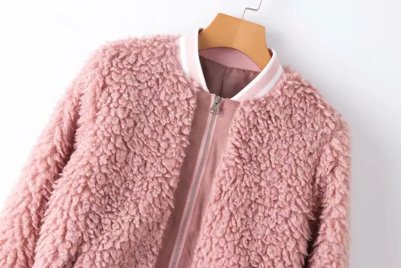 

8559-9865 Europe And America Stand Collar Pink And White Stripe Dual Pocket Furry Joint Zipper Jacket