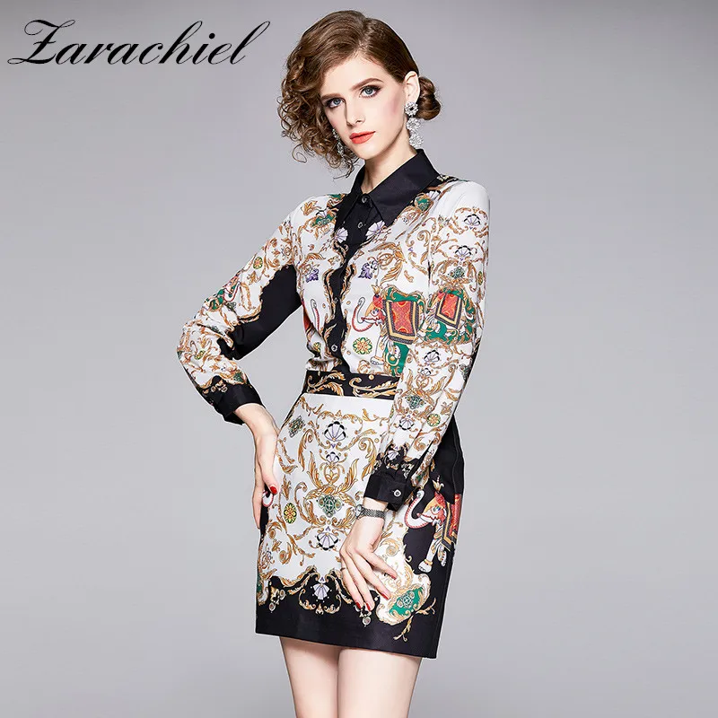 

Fashion Designer Two Pieces Set Women's Long Sleeve Printed Blouses Shirt+Vintage High Waist Bodycon Mini Short Skirts Sets Suit