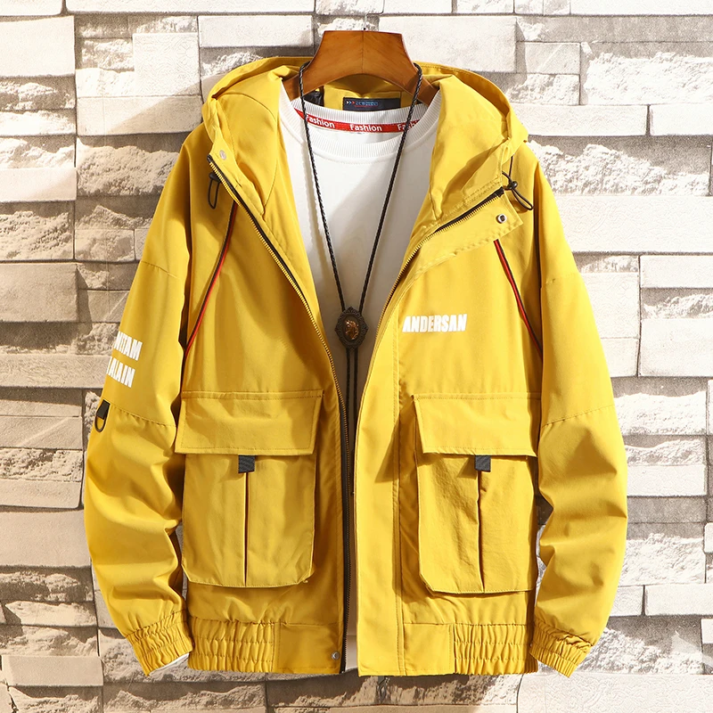 

Fashion Streetwear Men Jackets Hooded Coats Printed Designer Casual Outwear Loose Fit Cargo Uniform Safari Hip Hop Jacket Men