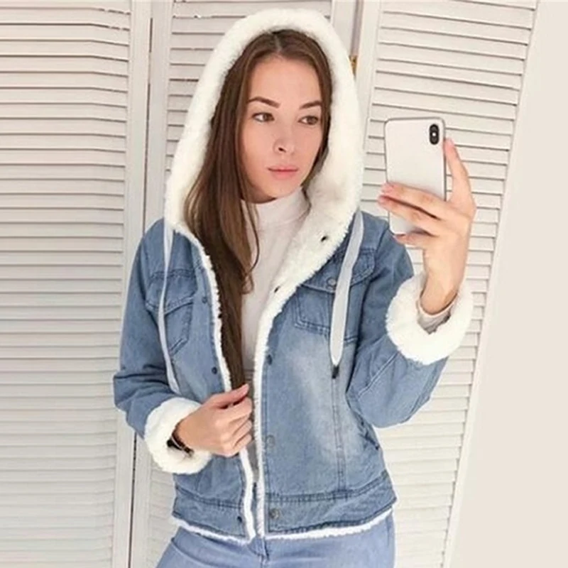

Fleece Hooded Denim Autumn Winter Jacket Women Thick Coat Woman Patchwork Button Female Coats Casual Slim Fit Girl Clothes