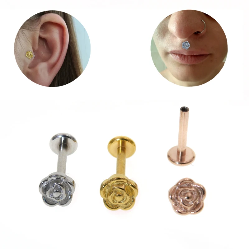

1Pc 1.2x6/8mm Unisex Exquisite Punk Rose Flower Lip Ring Ear Earring Tongue Studs Gothic Body Piercing Jewelry
