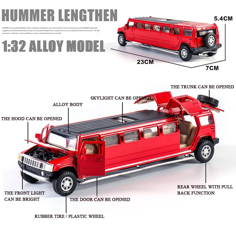 1:32 Lengthened Hummer Luxury Alloy Car Model Diecast Toy Vehicle With Light/Sound/Pull-back Functi