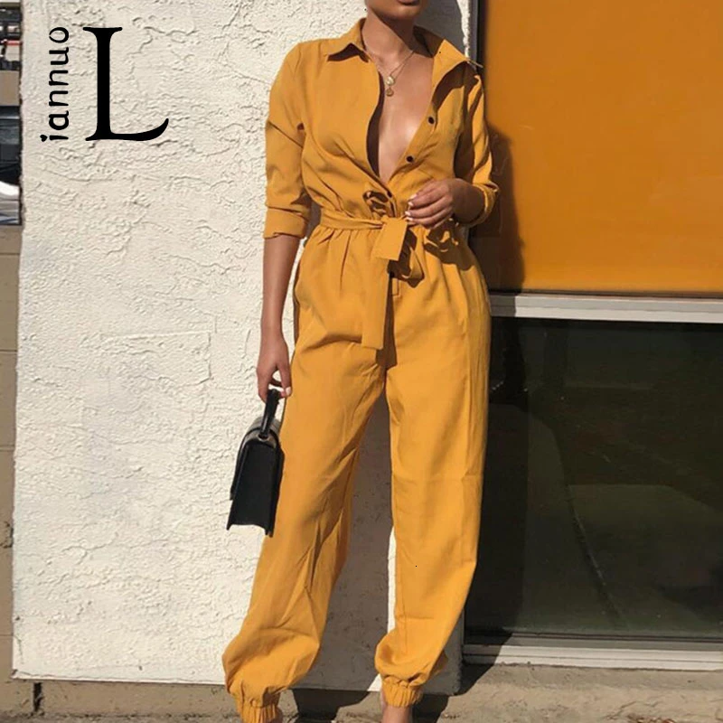 

LIANNUO Summer Rompers Women Jumpsuit Leisure Streetwear Belt Long Sleeve Button Jumpsuit Jumpsuits For Women 2019 Overalls