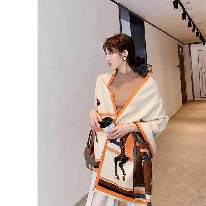 KOI LEAPING ladies fashion Warm and comfortable softpopular horse pattern printing cashmere shawl warm scarf best gift