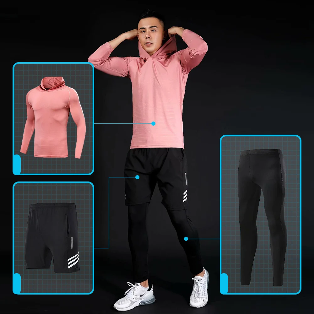Men's sports compression pink stretch breathable exercise jogging suit