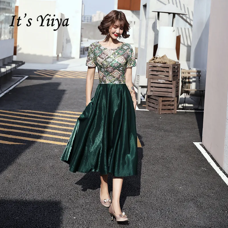 It's Yiiya Prom Dresses Elegant O-neck Sequins Green vestidos de gala Plus Size Zipper Tea Length Dress Women Party Night LF132