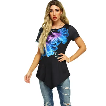 

5XL Large Size Casual T Shirt Women 2020 Summer Short Sleeve Flower Print T Shirt Loose Irregular Tee Shirt Plus Size Tops 4XL
