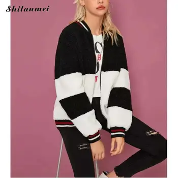 

Women Striped Jacket Coat Autumn Winter Long Sleeve Bomber Coat Warm Winter White And Black Color Block Casual Jacket Streetwear