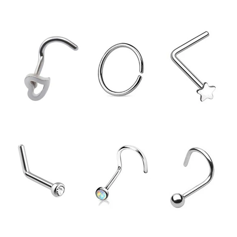 6PC Steel Nose Rings Nariz Earrings Nostril 20G Piercing Nose Screw Curved Prong Nose Stud Rings Body Jewelry For Women Girls