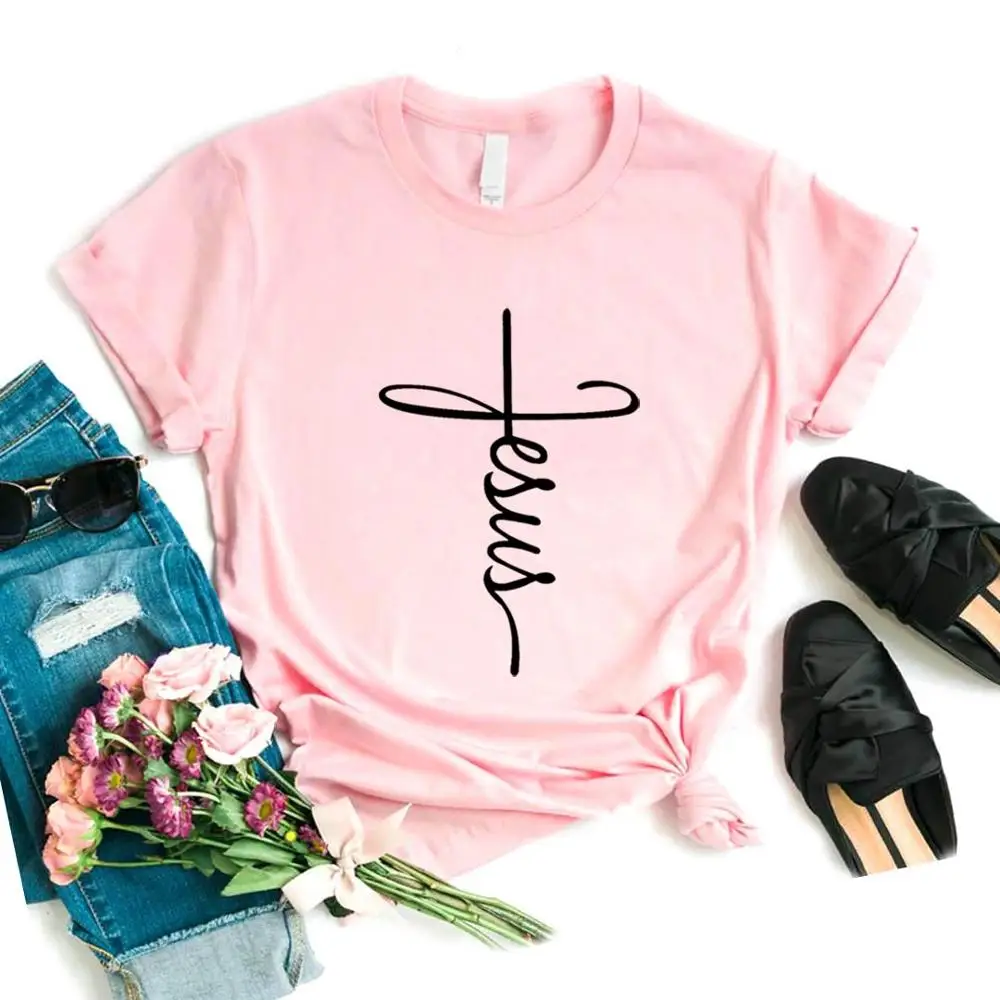 Женские футболки с христианским принтом Иисуса Креста, хлопковая Повседневная забавная Футболка для леди Йонг, топ, хипстер, 6 цветов, NA-905 - Цвет: Розовый