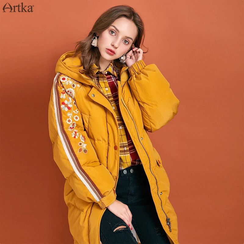 Goedkoop ARTKA 2019 Winter Nieuwe vrouwen Down Jas 90% Witte Eendendons Extreem Warm Uitloper Hooded Geborduurd Lange Donsjack ZK10195D