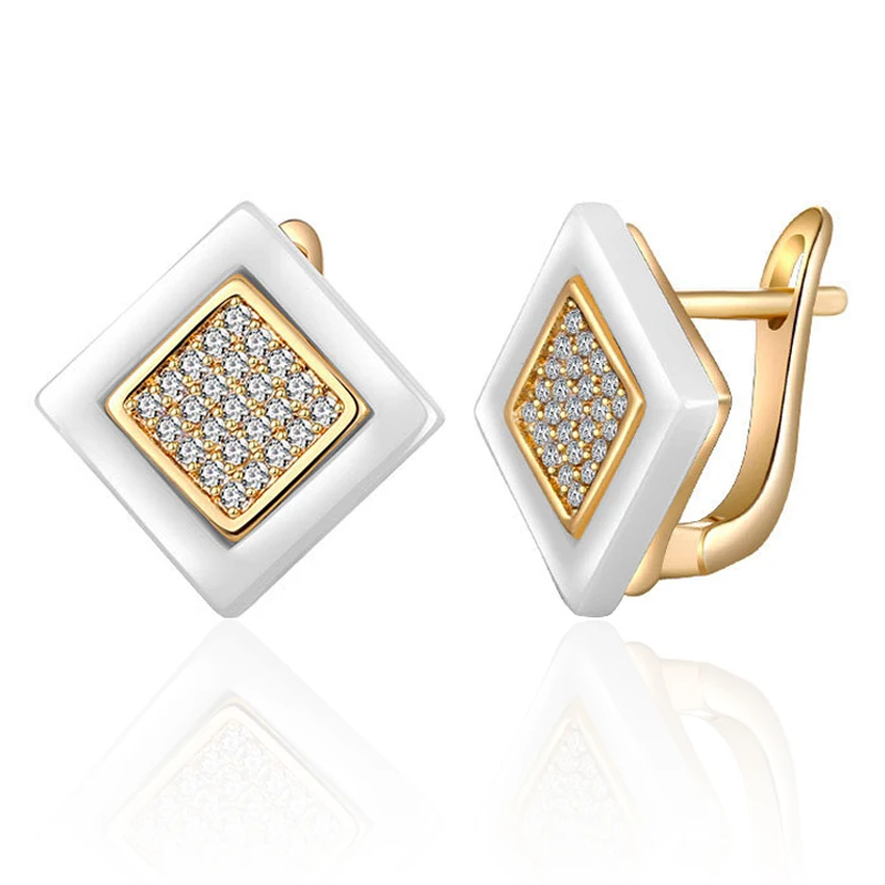 Женские квадратные серьги гвоздики из керамики маленькие золотого и серебряного цвета с цирконием
