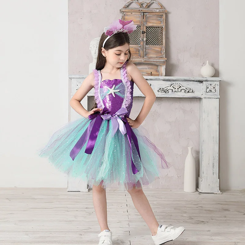 Mermaid Teal and Pearls Sparkly Tutu Dress for Girls Birthday Party Pageant Princess Dresses Kids Starfish Halloween Costume (2)