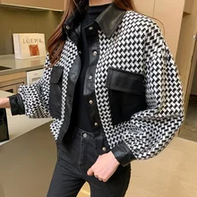 [EWQ] Jacket Women's Short 2021 New Autumn And Winter Korean Loose Plaid Splicing Small Versatile Leather Jacket Female 16R51